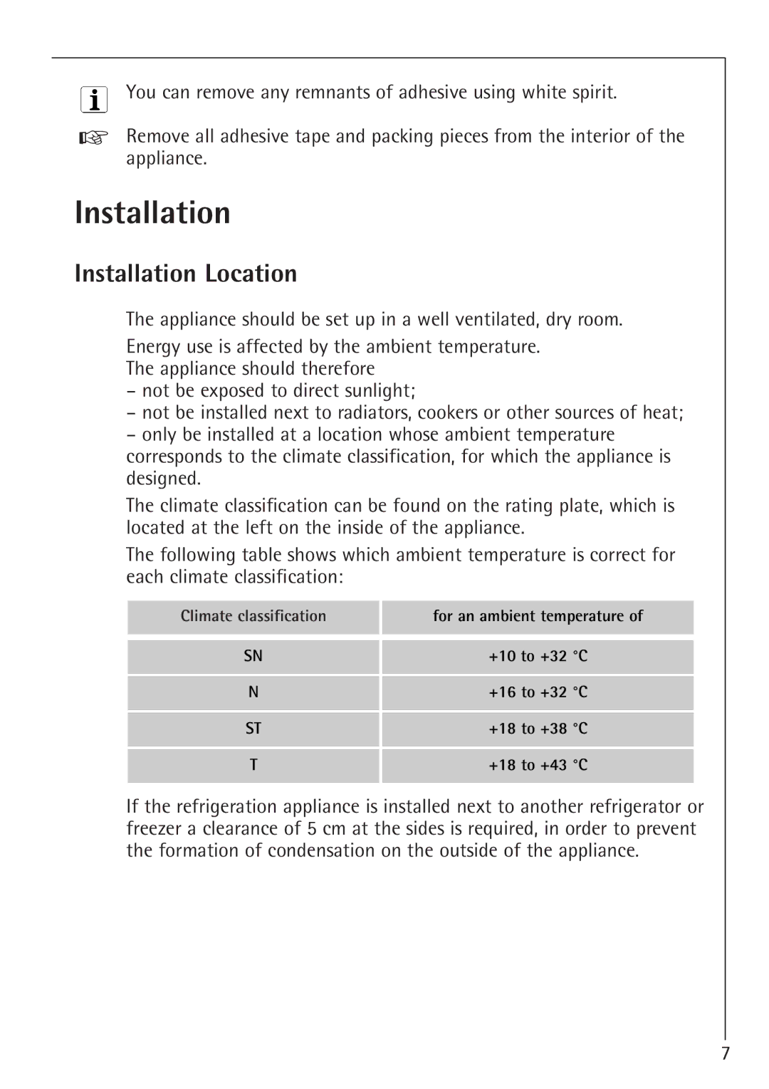 Electrolux 1254-6 iU installation instructions Installation Location 