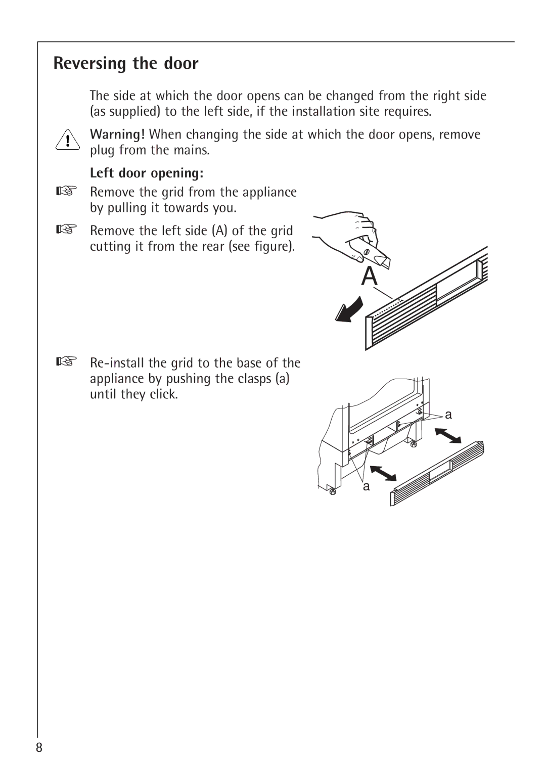 Electrolux 1254-6 iU installation instructions Reversing the door, Left door opening 