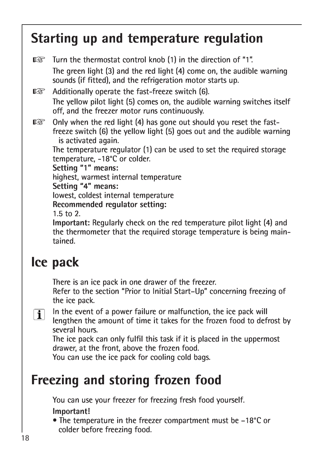 Electrolux 1254-6 iU Starting up and temperature regulation, Ice pack, Freezing and storing frozen food, Setting “1” means 