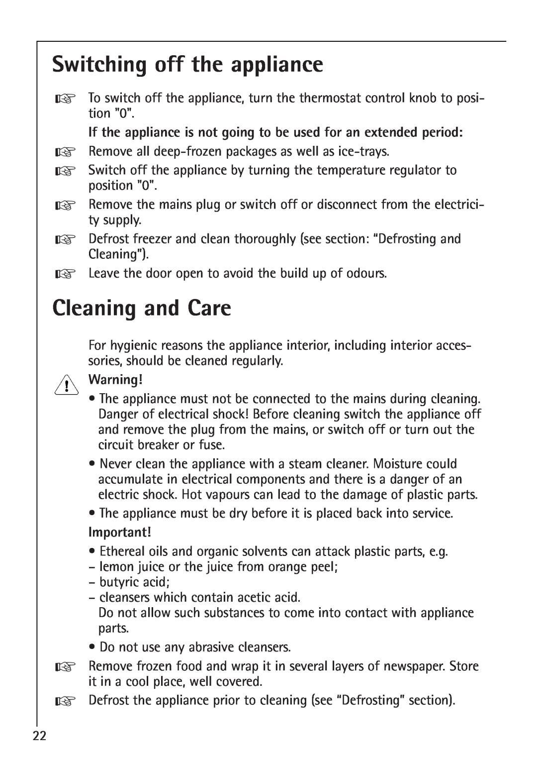 Electrolux 1254-6 iU installation instructions Switching off the appliance, Cleaning and Care 