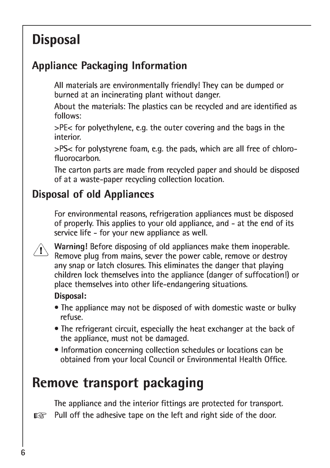 Electrolux 1254-6 iU Remove transport packaging, Appliance Packaging Information, Disposal of old Appliances 