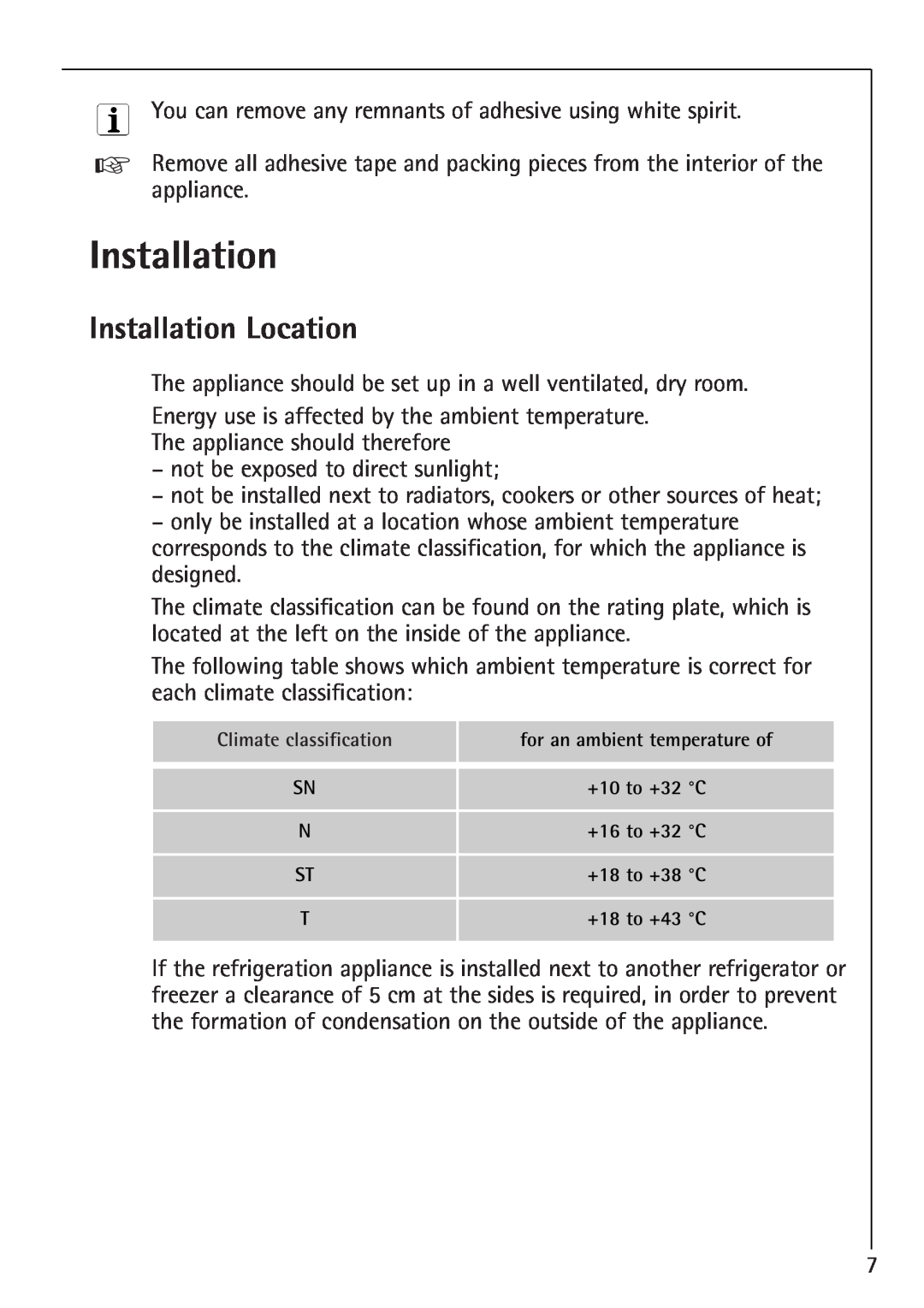 Electrolux 1254-6 iU installation instructions Installation Location 