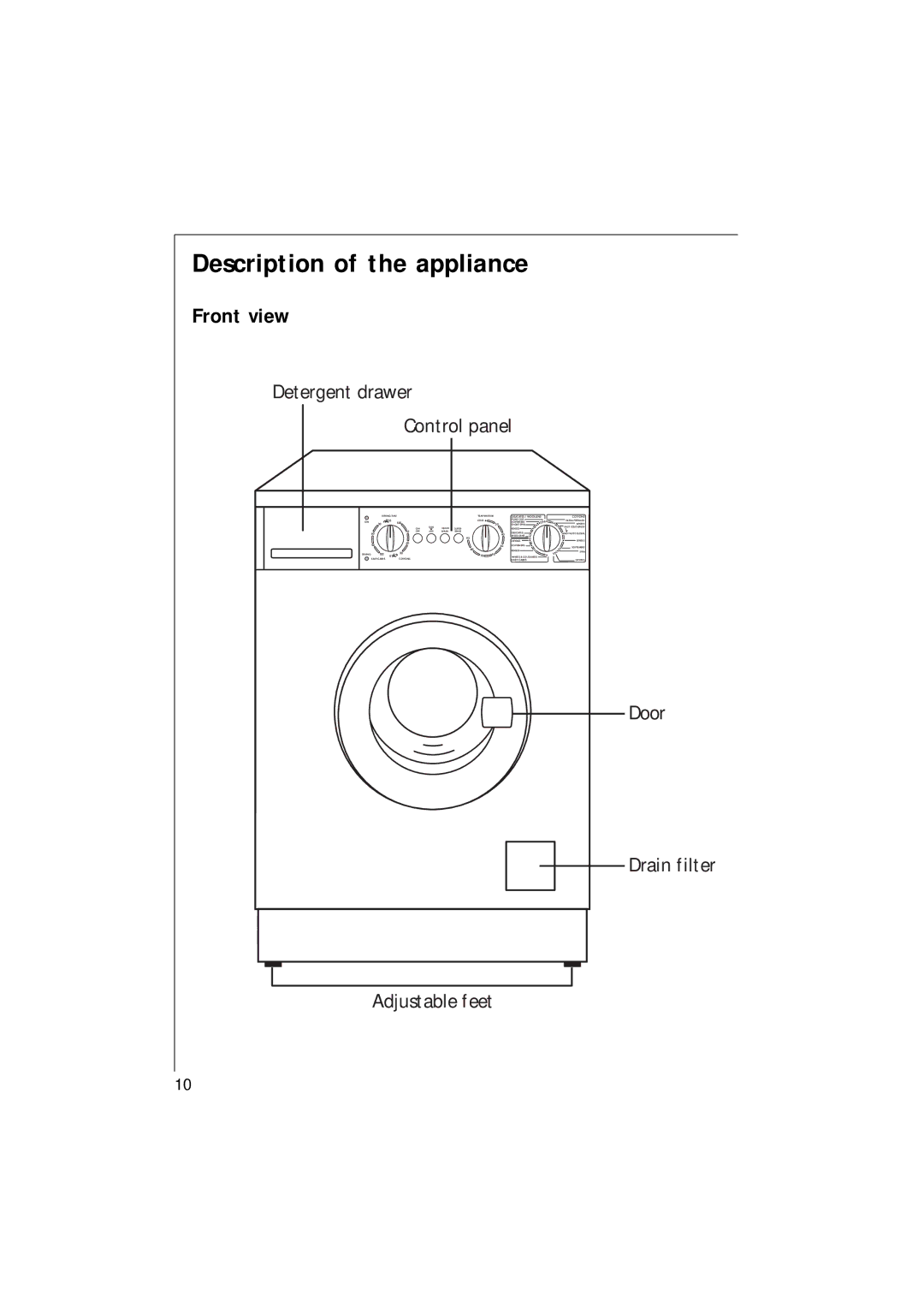 Electrolux 1261 manual Description of the appliance, Front view 