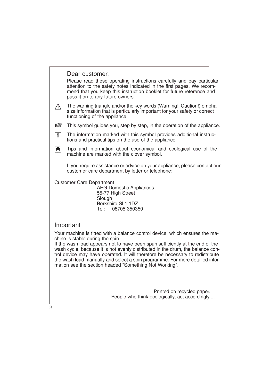 Electrolux 1261 manual Dear customer 