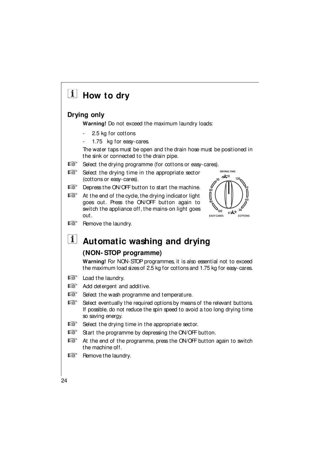 Electrolux 1261 manual How to dry, Automatic washing and drying, Drying only, NON-STOP programme 