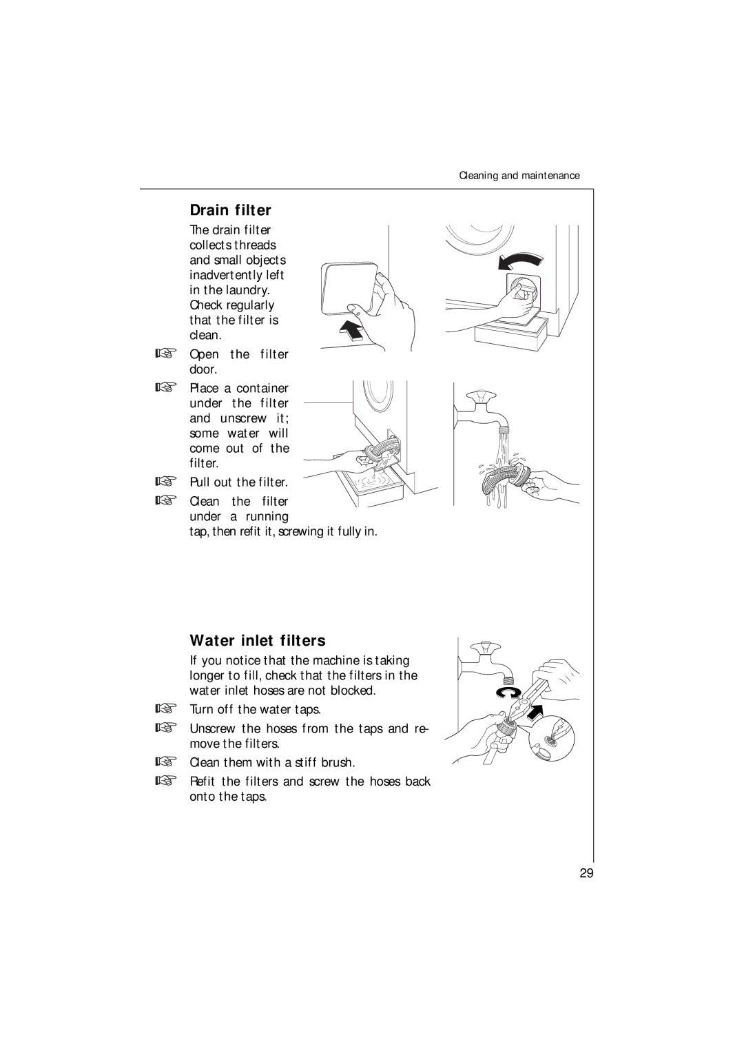 Electrolux 1261 manual Drain filter, Water inlet filters 