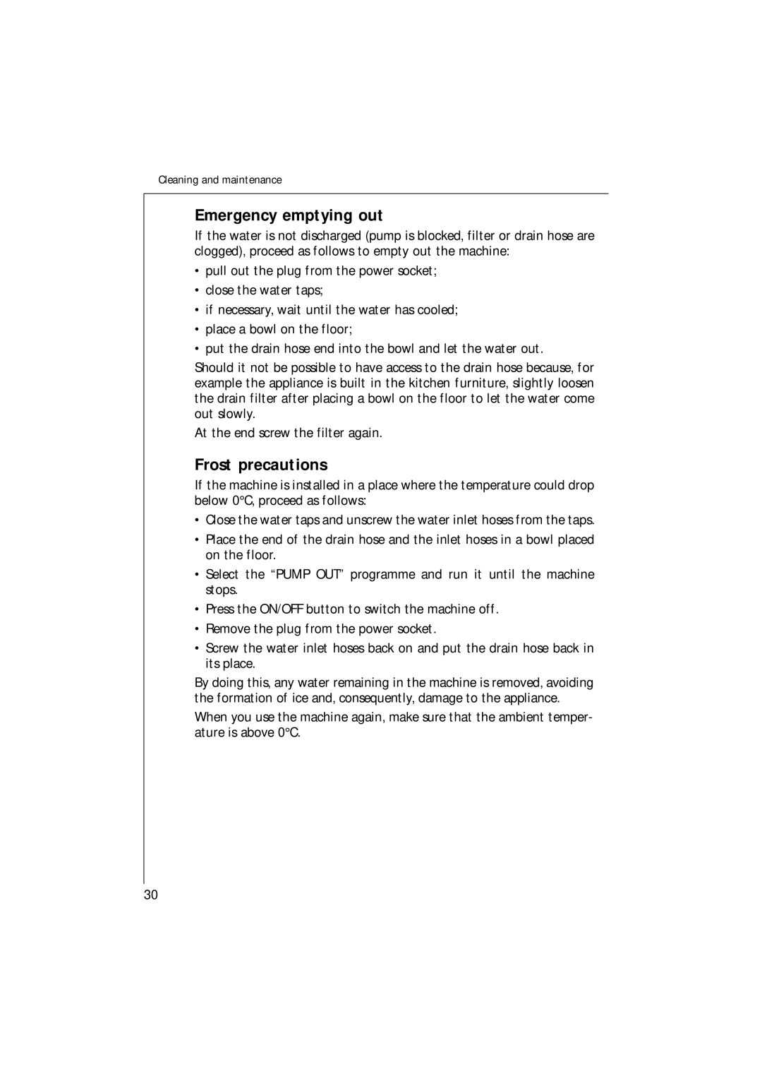 Electrolux 1261 manual Emergency emptying out, Frost precautions 