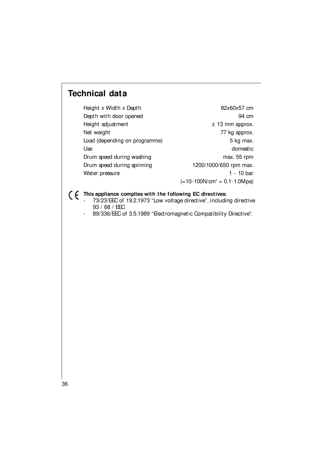 Electrolux 1261 manual Technical data, This appliance complies with the following EC directives 