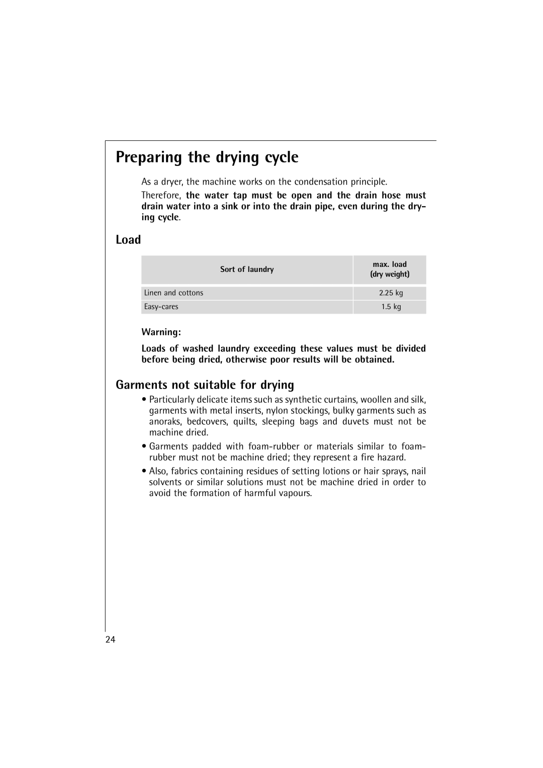 Electrolux 12700 VI manual Preparing the drying cycle, Load, Garments not suitable for drying 