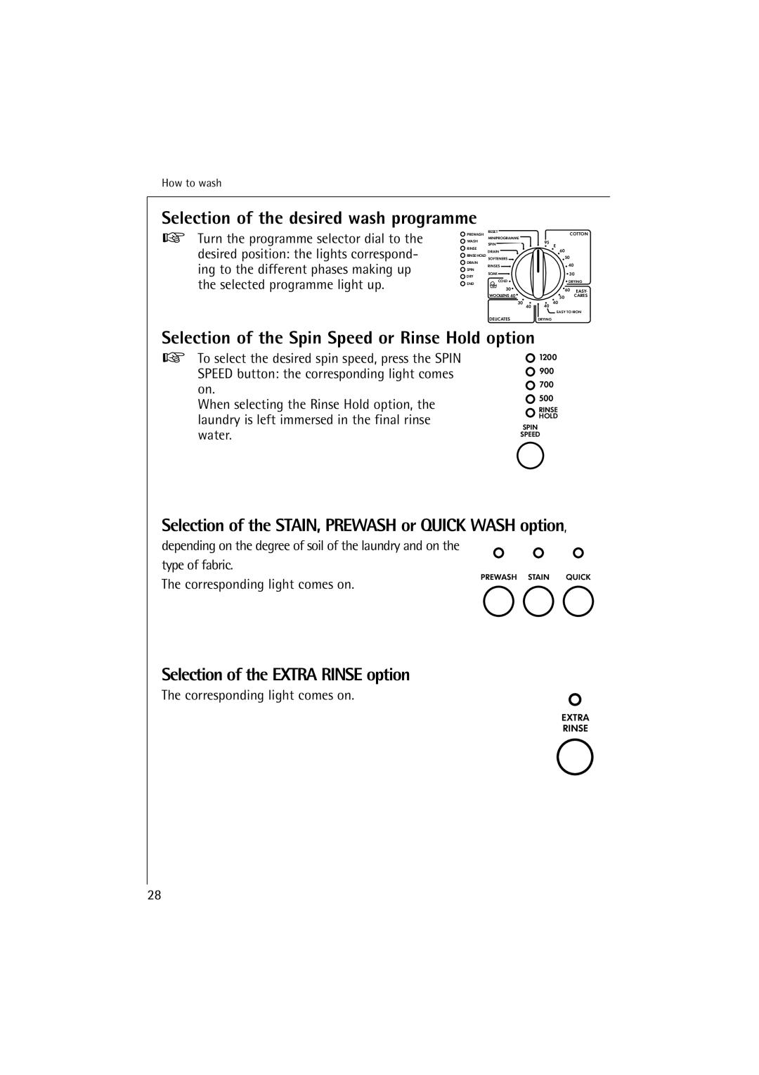 Electrolux 12700 VI manual Selection of the desired wash programme, Selection of the Spin Speed or Rinse Hold option 