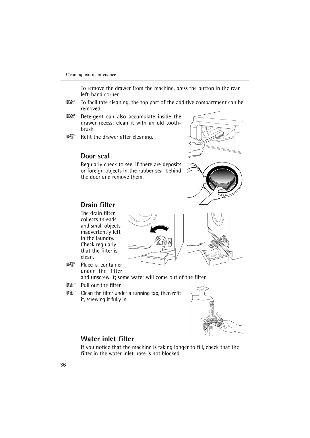 Electrolux 12700 VI manual Door seal, Drain filter, Water inlet filter 