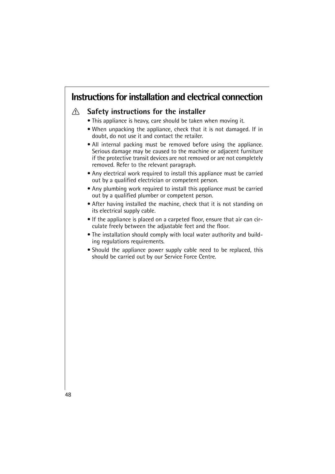 Electrolux 12700 VI manual Instructions for installation and electrical connection, Safety instructions for the installer 