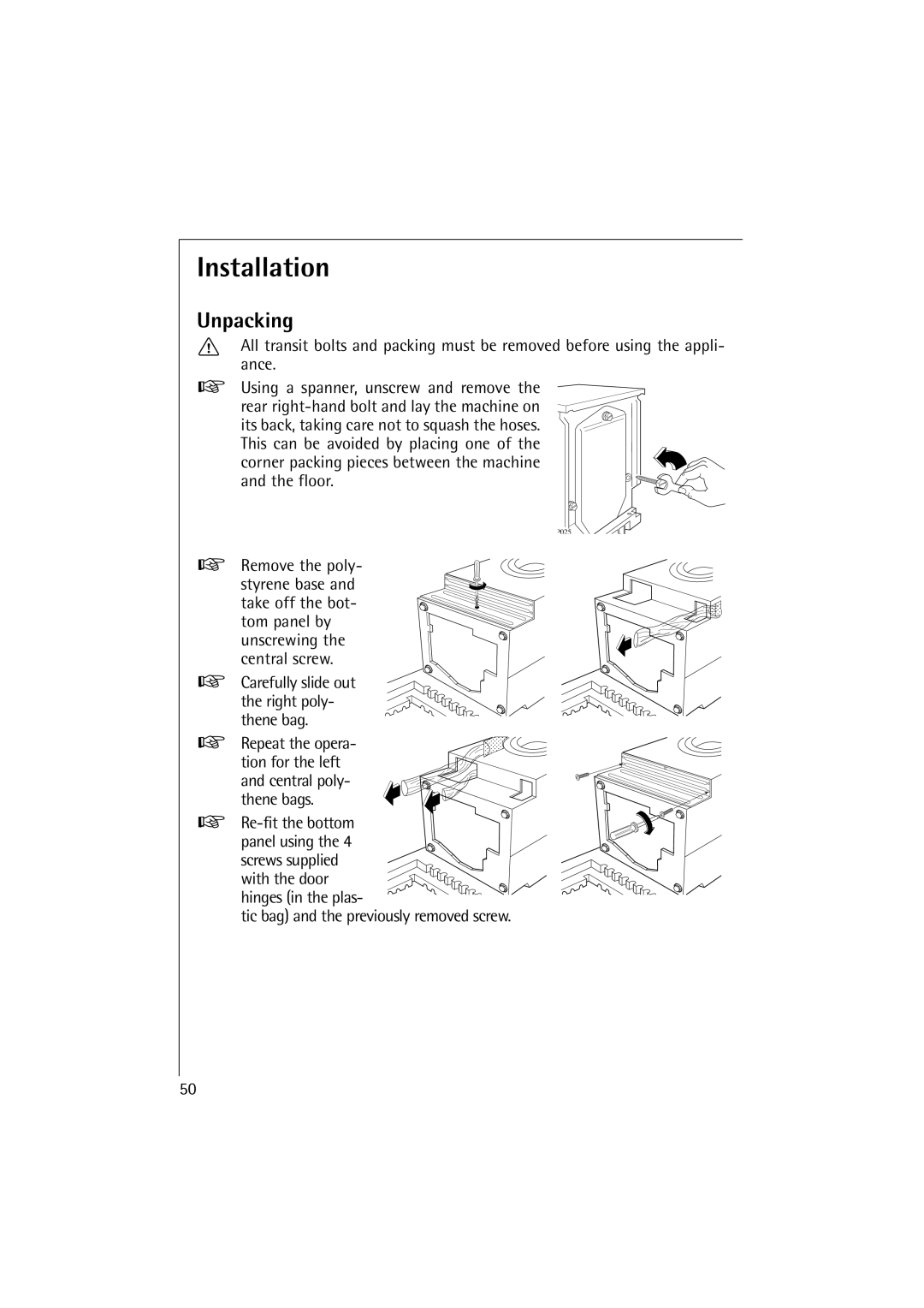 Electrolux 12700 VI manual Installation, Unpacking, Carefully slide out the right poly- thene bag 