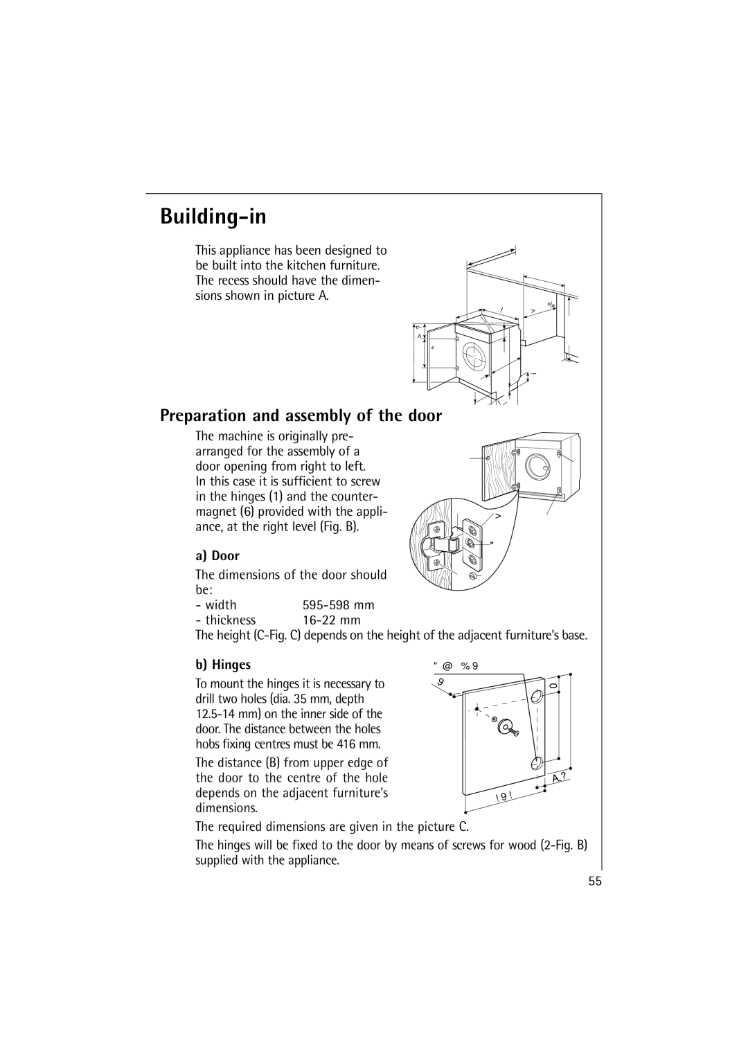 Electrolux 12700 VI manual Building-in, Preparation and assembly of the door, Door, Hinges 