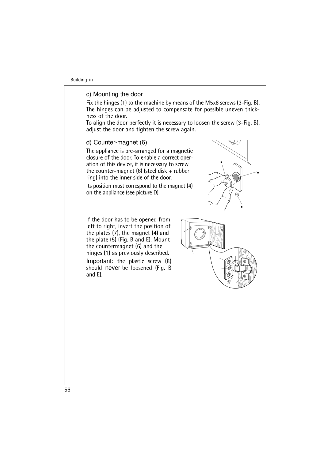 Electrolux 12700 VI manual Mounting the door, Counter-magnet 