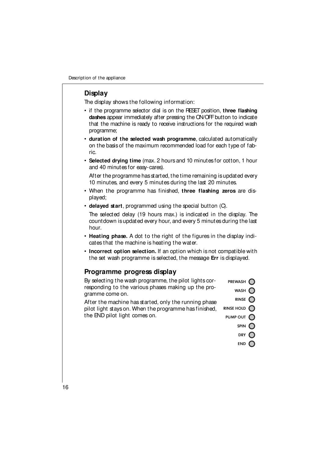 Electrolux 1271 VI manual Display, Programme progress display 