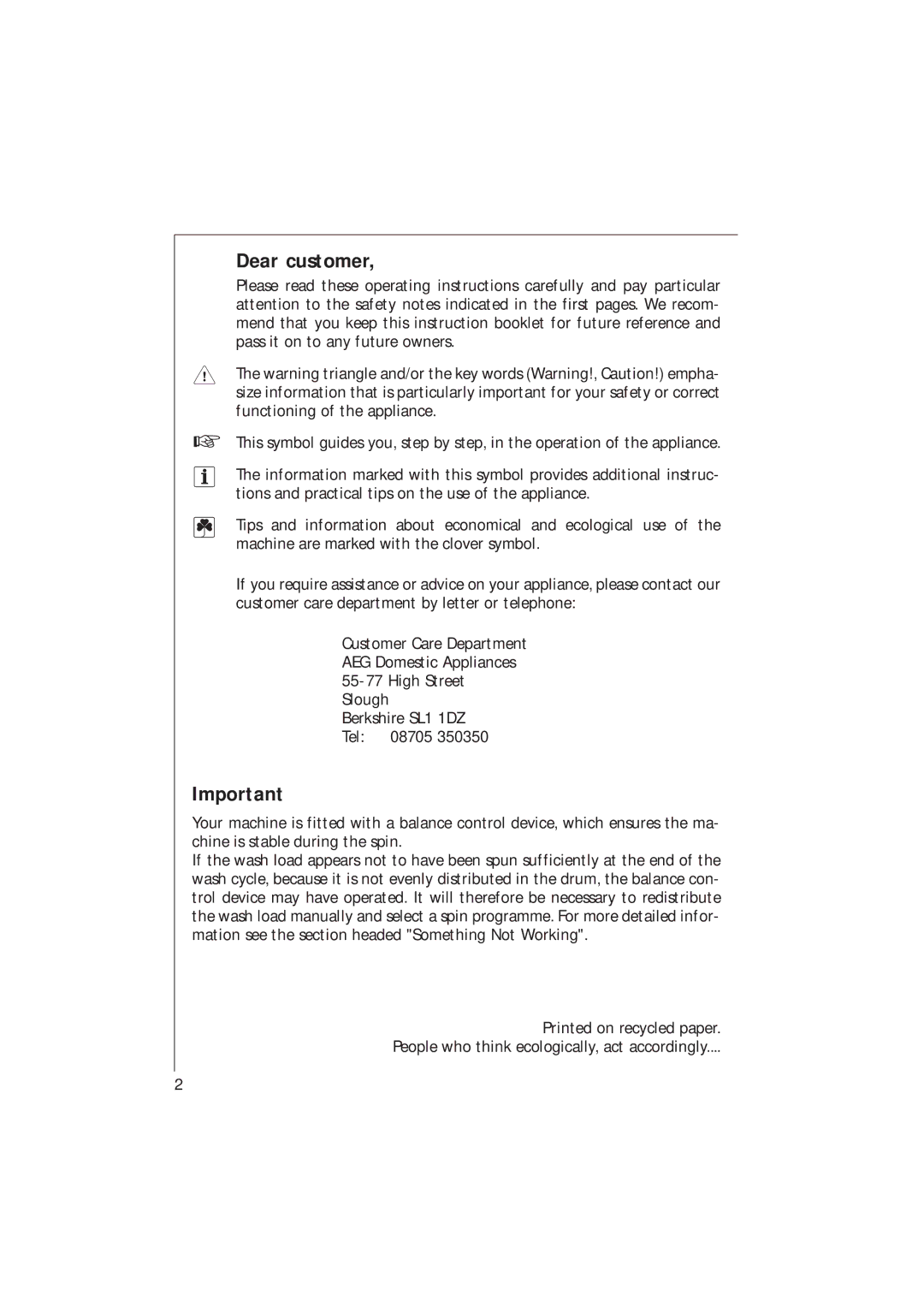 Electrolux 1271 VI manual Dear customer 