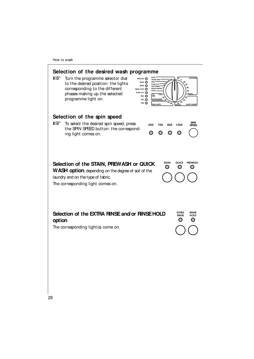 Electrolux 1271 VI Selection of the desired wash programme, Selection of the spin speed, Corresponding lights come on 