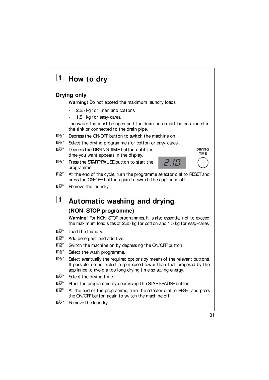 Electrolux 1271 VI manual How to dry, Automatic washing and drying, Drying only, NON-STOP programme 