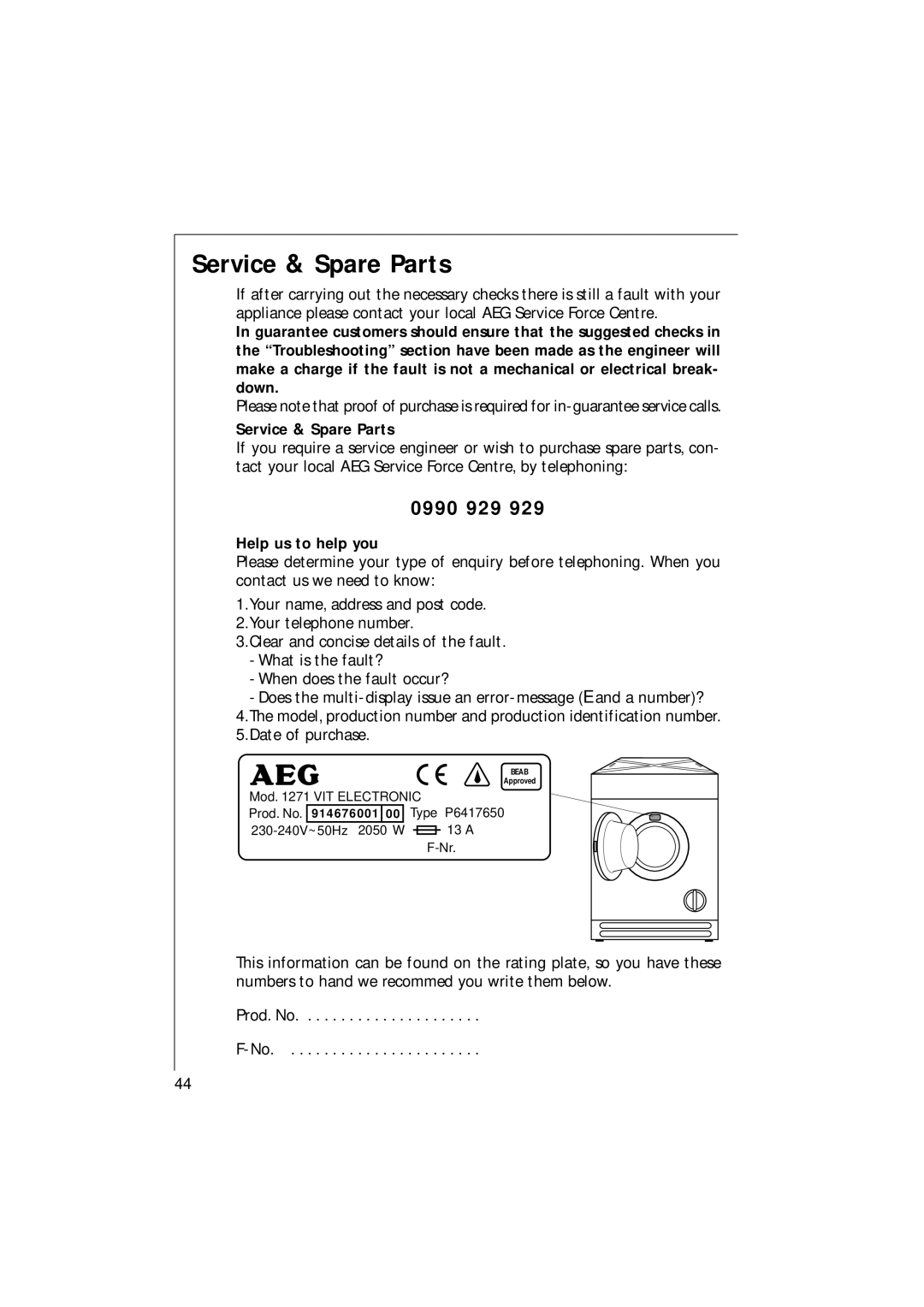 Electrolux 1271 VI manual Service & Spare Parts, 0990 929, Help us to help you 