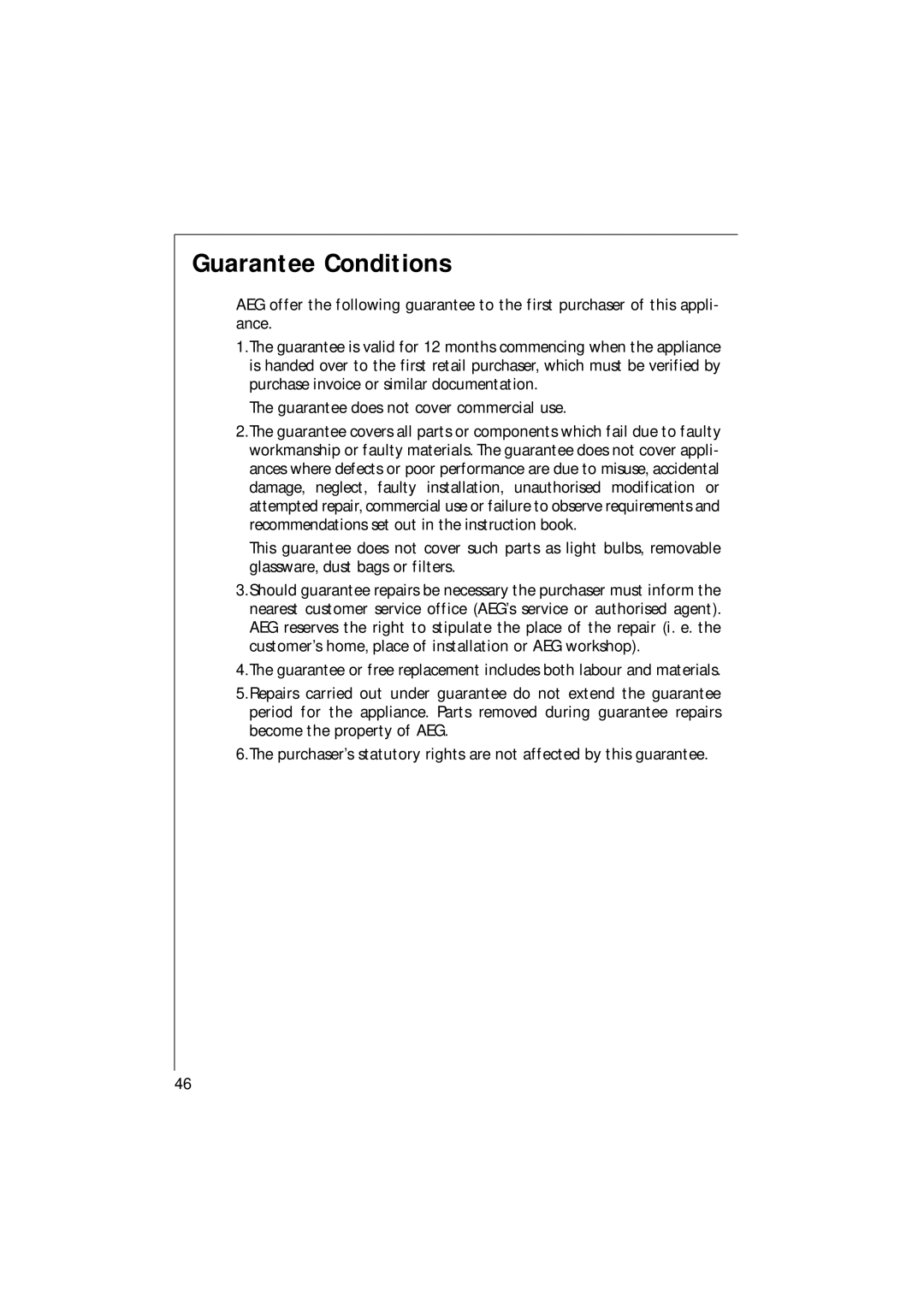 Electrolux 1271 VI manual Guarantee Conditions 