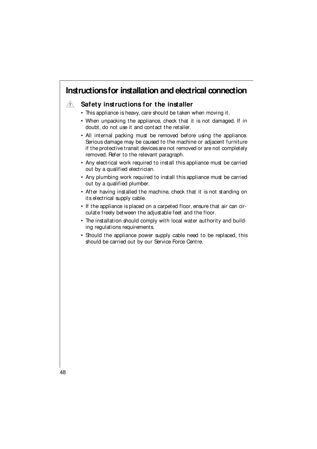 Electrolux 1271 VI manual Instructions for installation and electrical connection, Safety instructions for the installer 