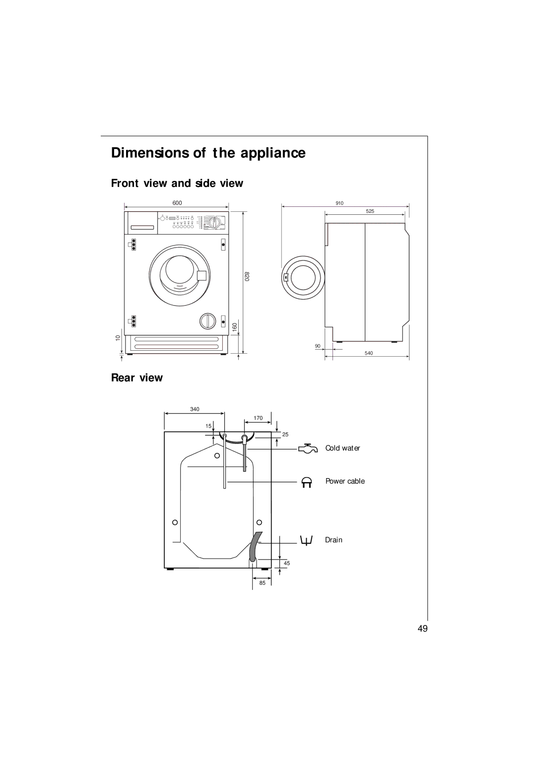 Electrolux 1271 VI manual Front view and side view, Rear view 