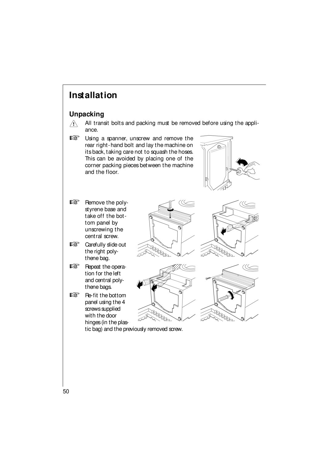 Electrolux 1271 VI manual Installation, Unpacking, Carefully slide out the right poly- thene bag 