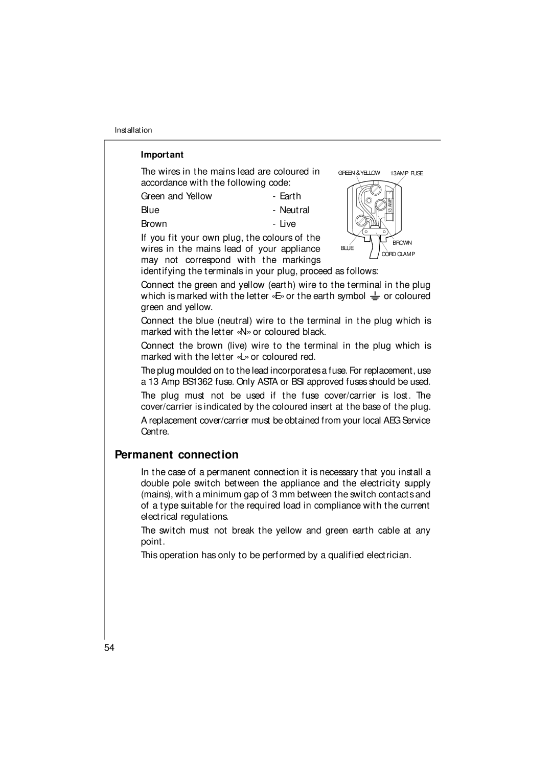 Electrolux 1271 VI manual Permanent connection 