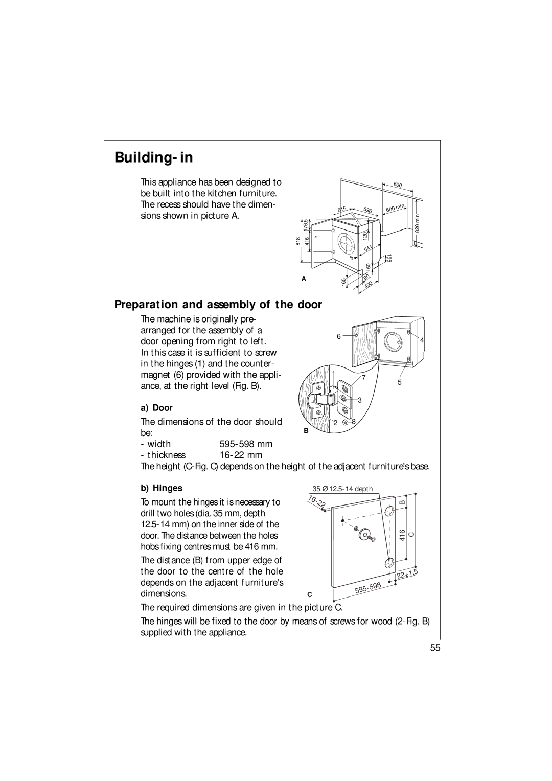 Electrolux 1271 VI manual Building-in, Preparation and assembly of the door, Door, Hinges 