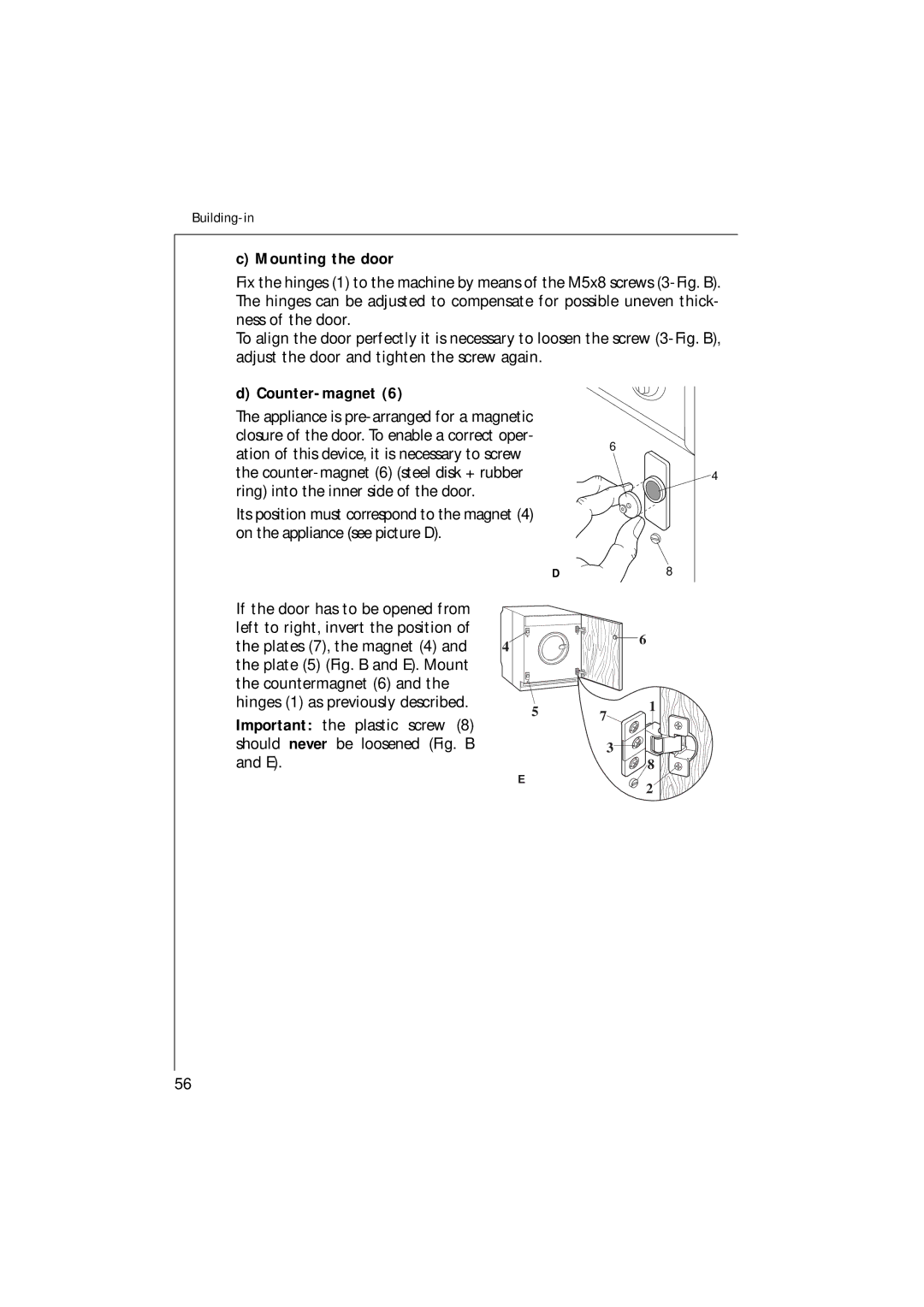 Electrolux 1271 VI manual Mounting the door, Counter-magnet 