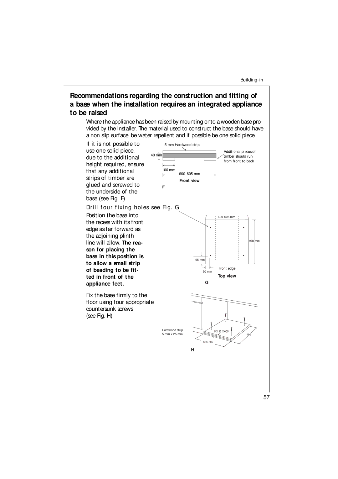 Electrolux 1271 VI manual Drill four fixing holes see Fig. G, See Fig. H 