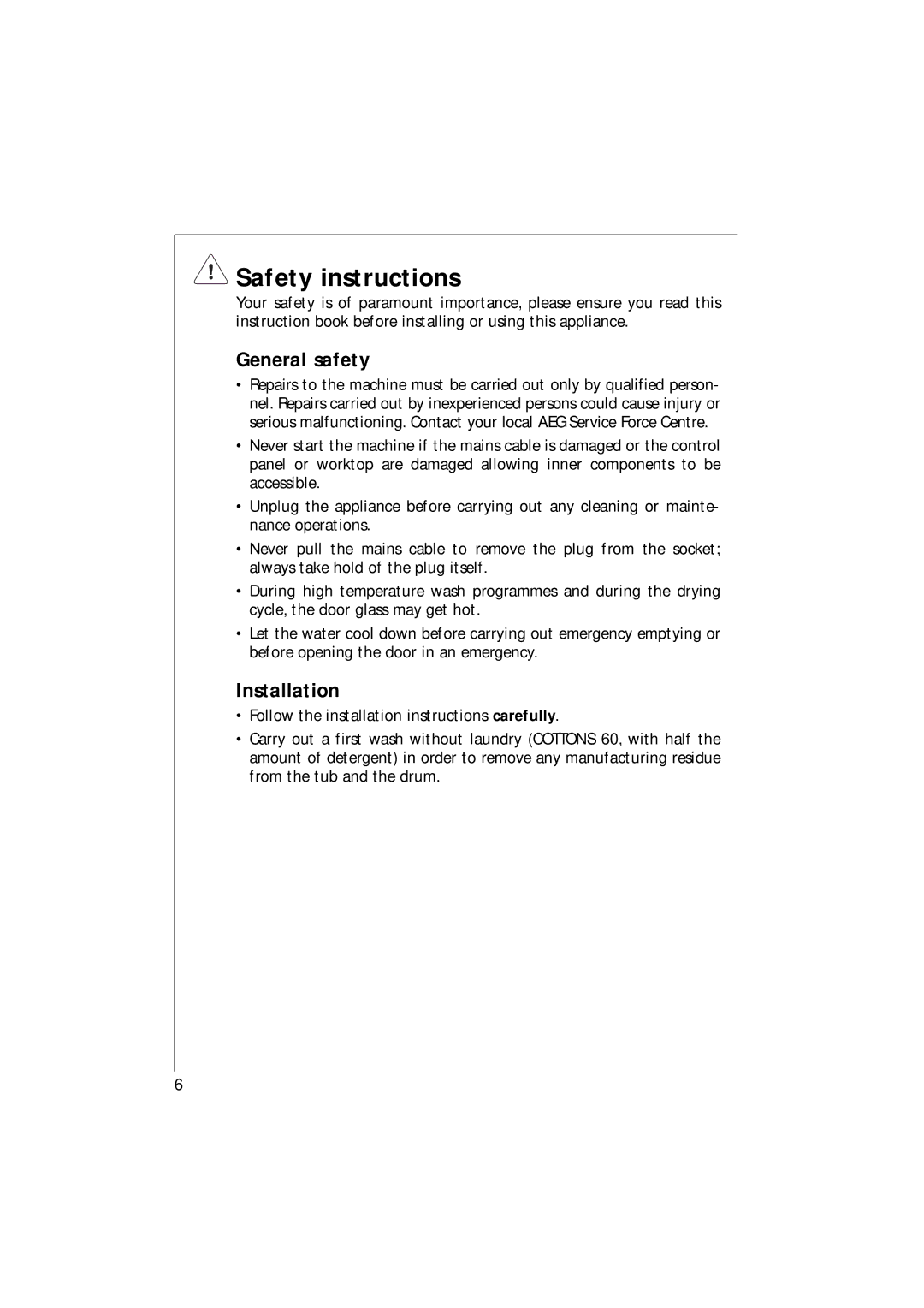 Electrolux 1271 VI manual Safety instructions, General safety, Installation 