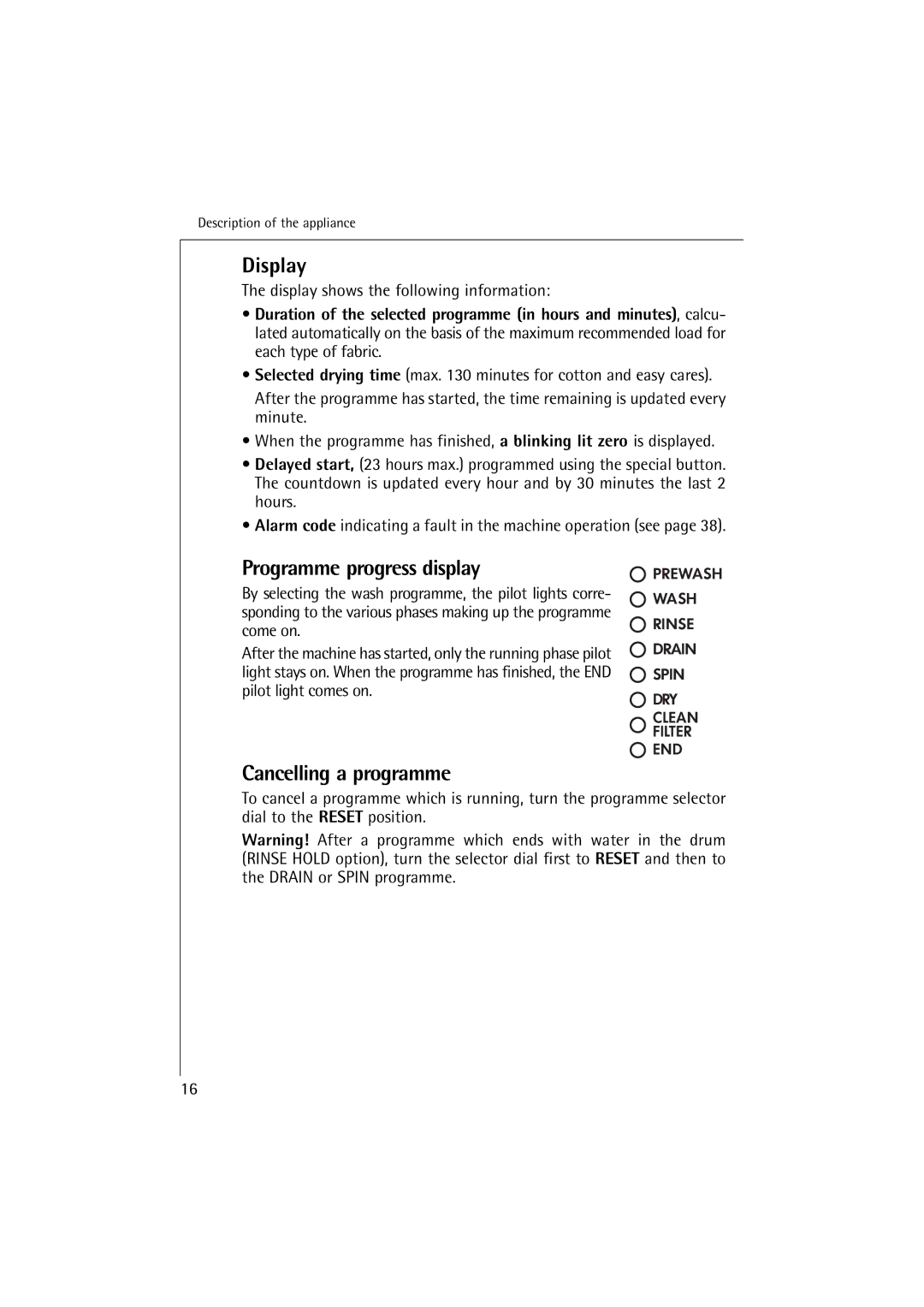 Electrolux 12710 VIT, 14710 VIT manual Display, Programme progress display, Cancelling a programme 