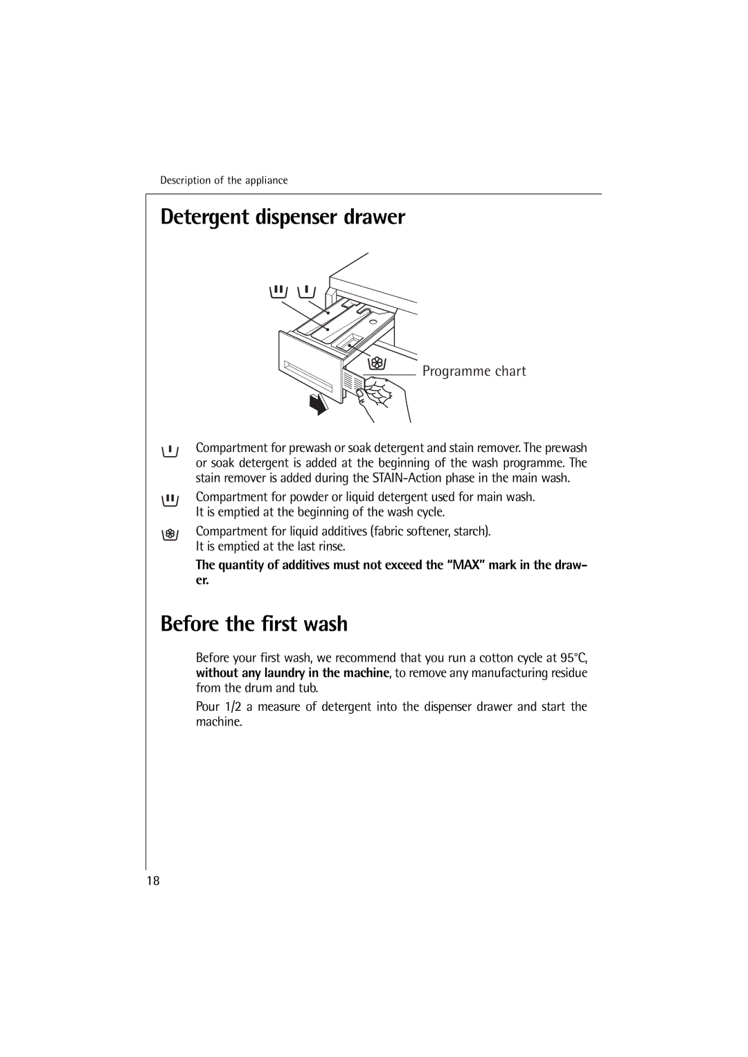 Electrolux 12710 VIT, 14710 VIT manual Detergent dispenser drawer, Before the first wash 