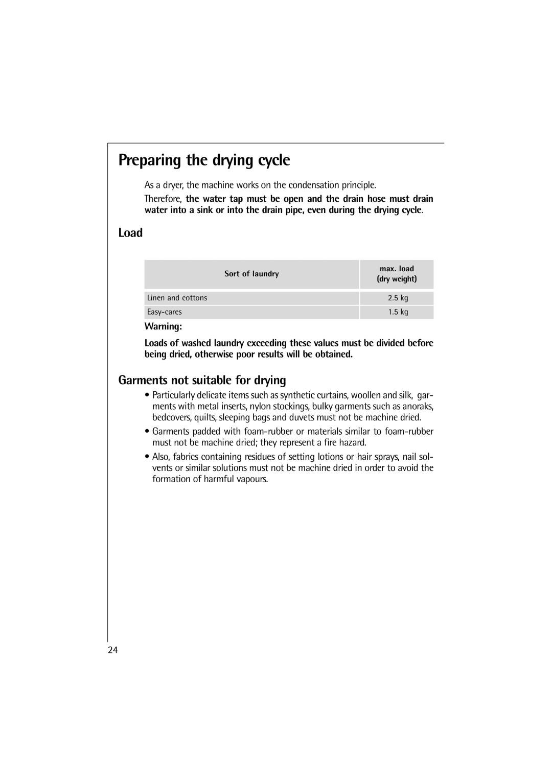 Electrolux 12710 VIT, 14710 VIT manual Preparing the drying cycle, Load, Garments not suitable for drying 