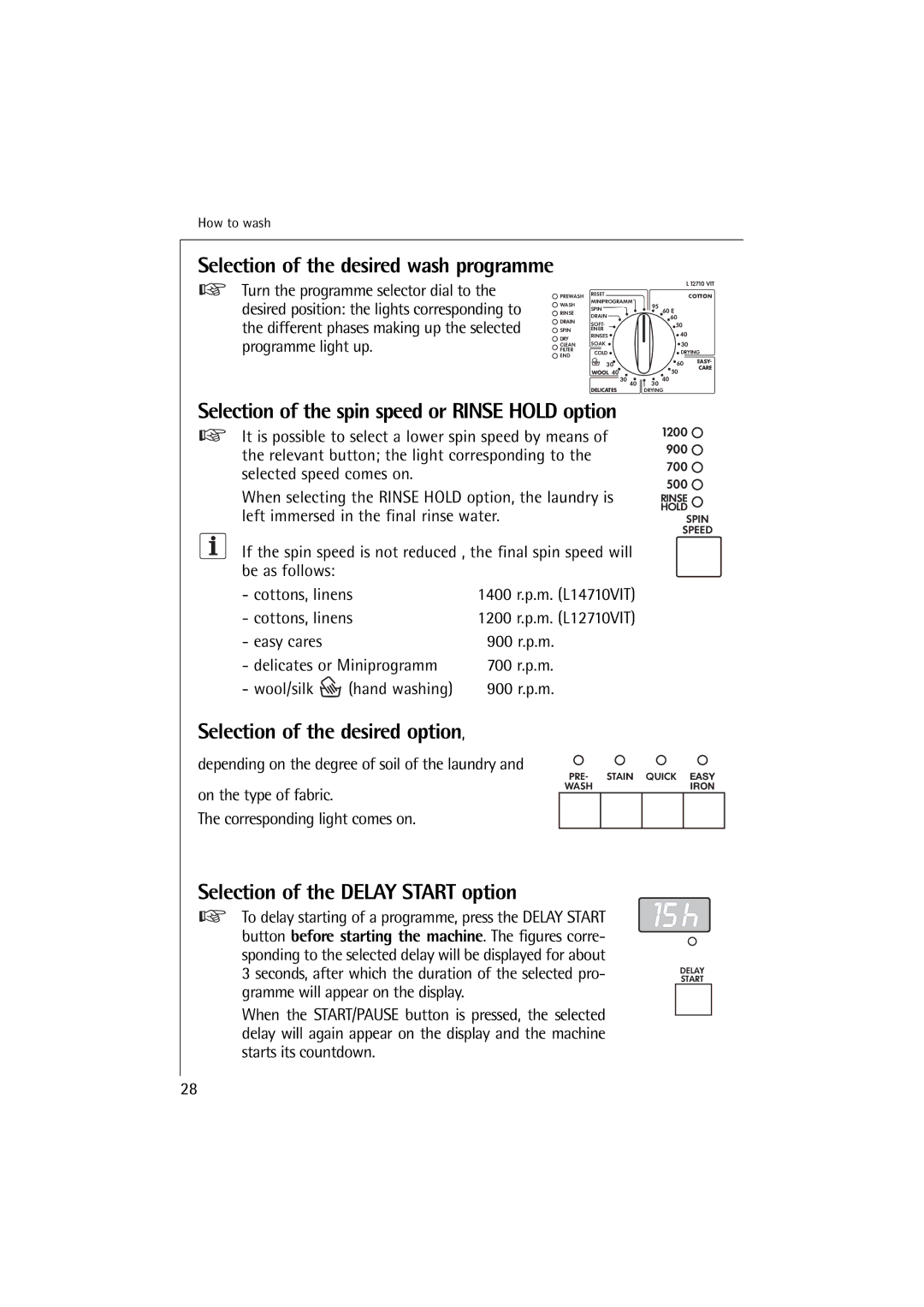 Electrolux 12710 VIT, 14710 VIT manual Selection of the desired option, Selection of the Delay Start option 