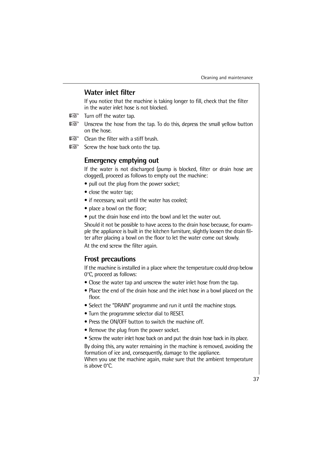 Electrolux 12710 VIT, 14710 VIT manual Water inlet filter, Emergency emptying out, Frost precautions 