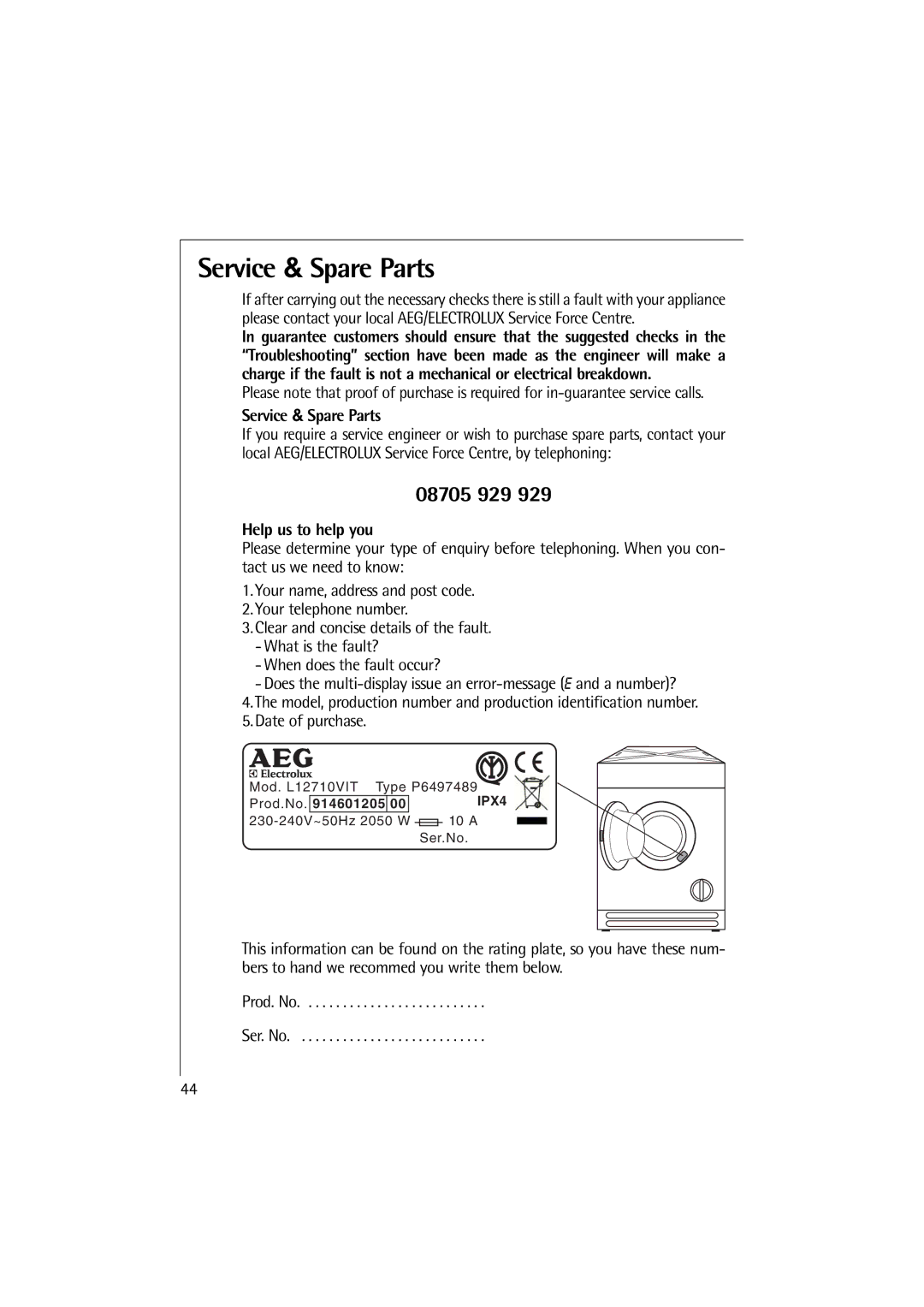 Electrolux 12710 VIT, 14710 VIT manual Service & Spare Parts, 08705 929, Help us to help you 