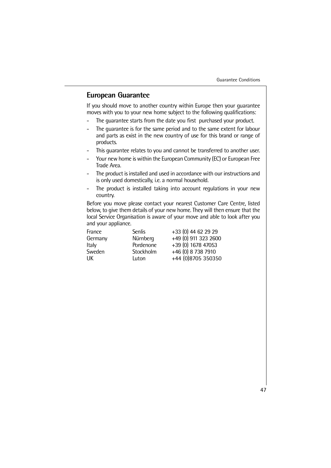 Electrolux 12710 VIT, 14710 VIT manual European Guarantee 