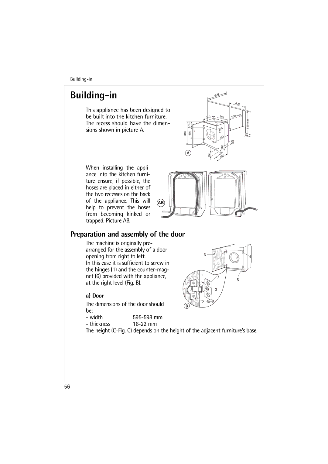 Electrolux 12710 VIT, 14710 VIT manual Building-in, Preparation and assembly of the door, Door 