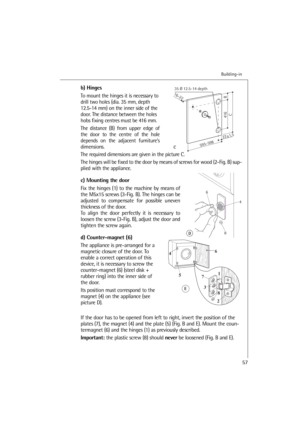 Electrolux 12710 VIT, 14710 VIT manual Hinges, Mounting the door, Counter-magnet 