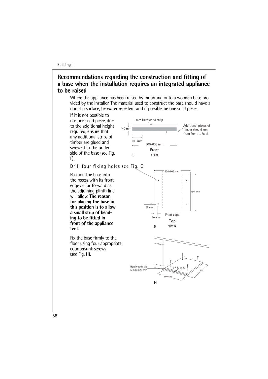 Electrolux 12710 VIT, 14710 VIT manual Drill four fixing holes see Fig. G, See Fig. H 