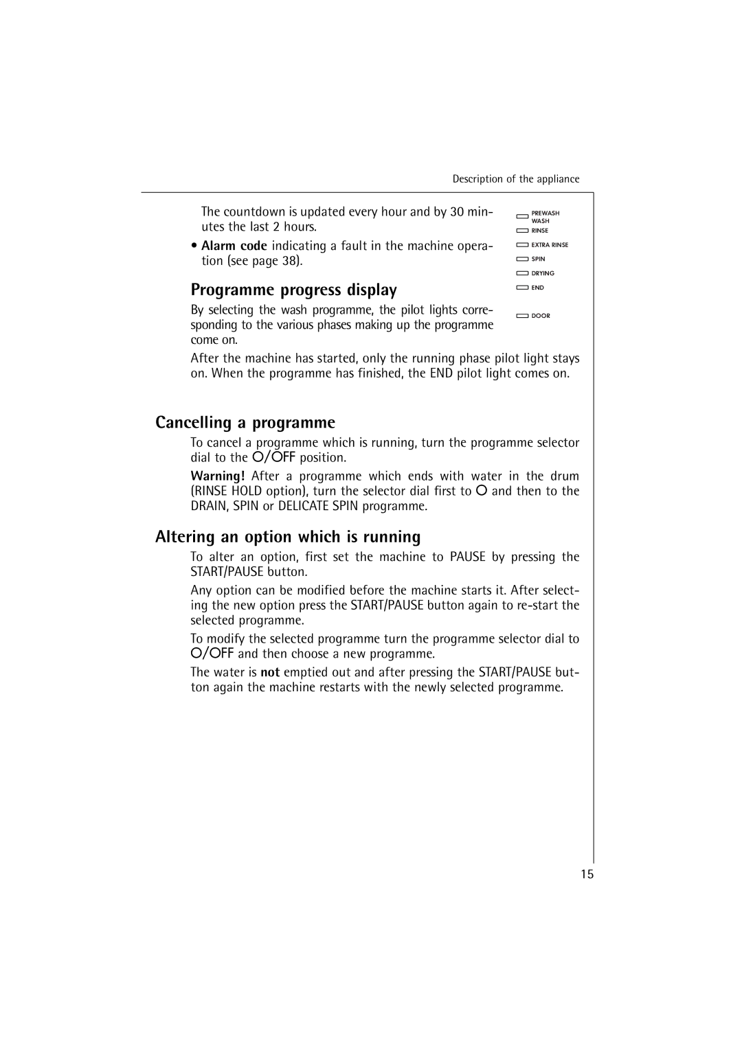 Electrolux 12830 manual Programme progress display, Cancelling a programme, Altering an option which is running 