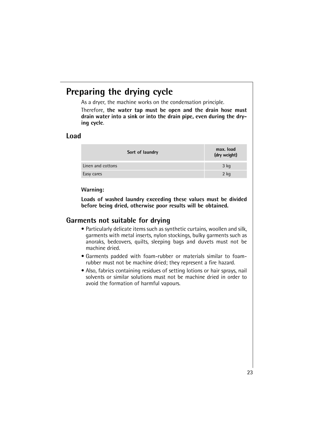 Electrolux 12830 manual Preparing the drying cycle, Load, Garments not suitable for drying, Sort of laundry 