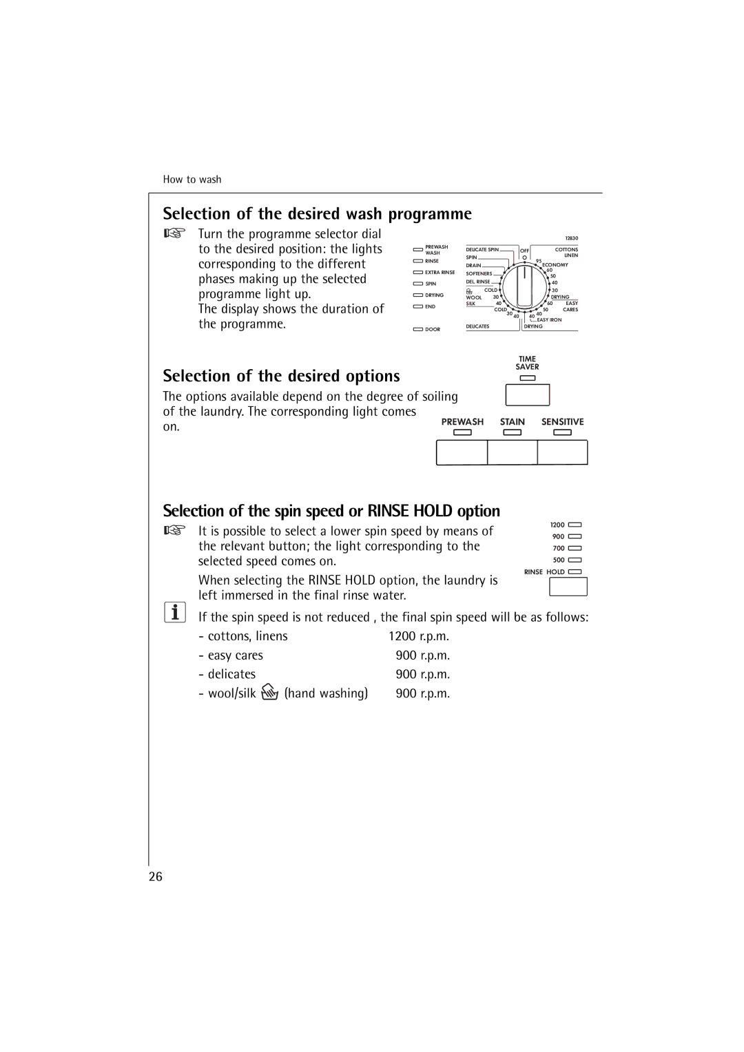 Electrolux 12830 manual Selection of the desired wash programme, Selection of the desired options 