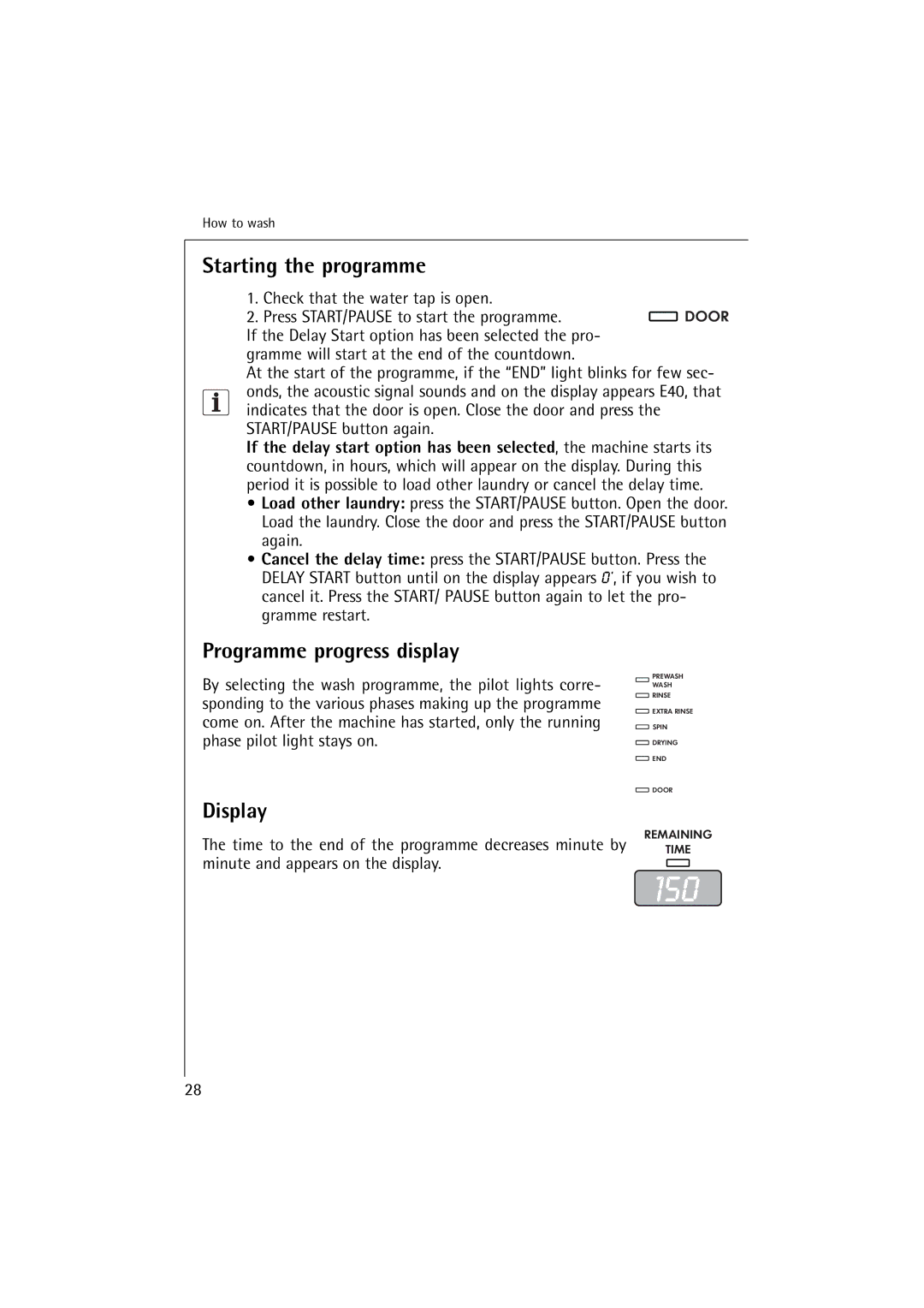 Electrolux 12830 manual Starting the programme, Programme progress display 