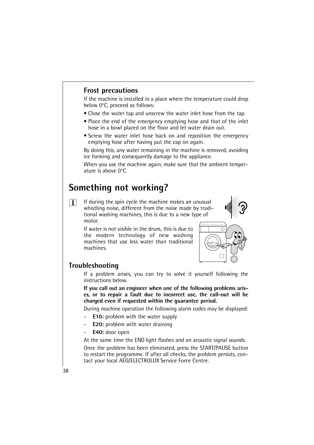 Electrolux 12830 manual Something not working?, Frost precautions, Troubleshooting 