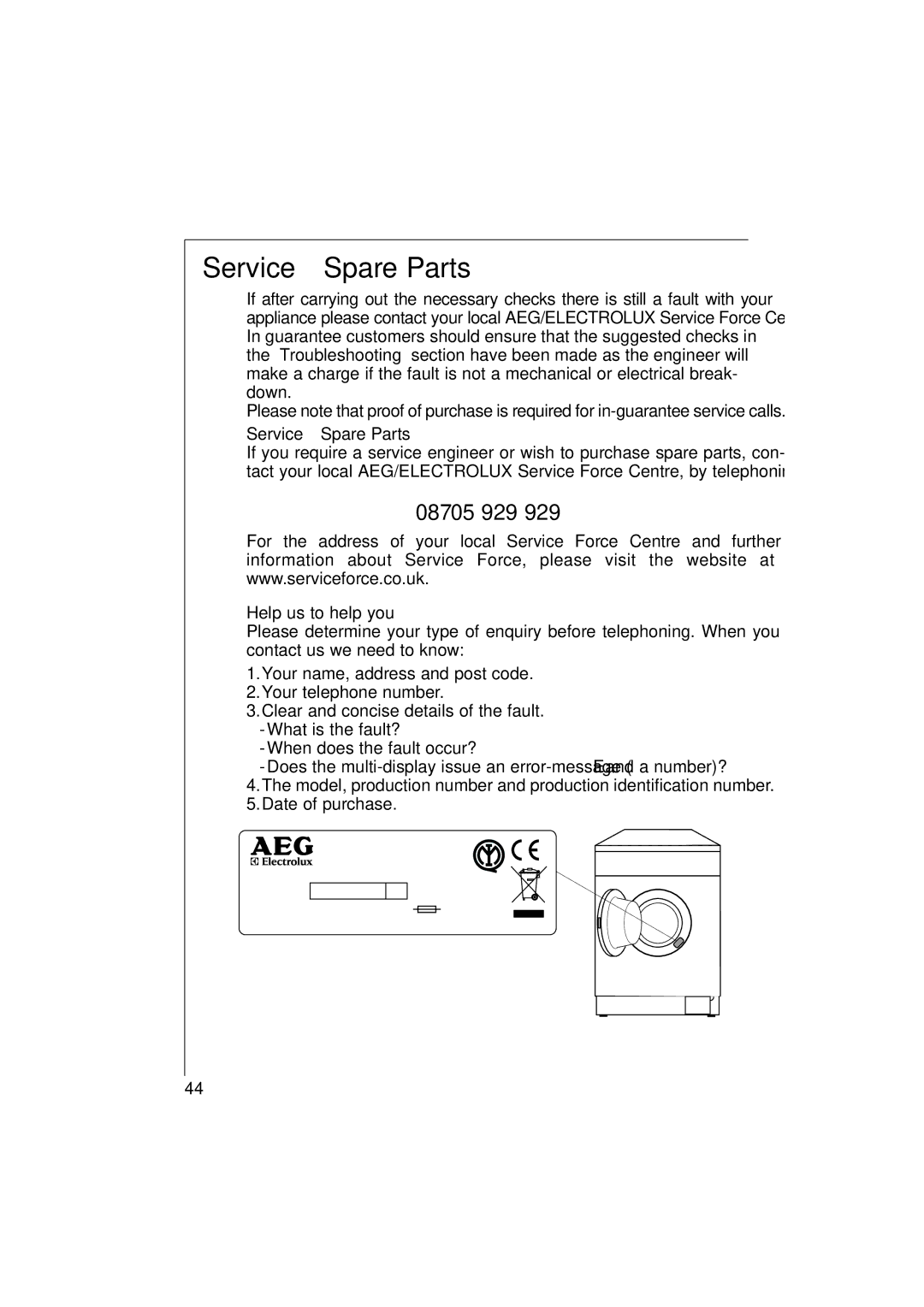 Electrolux 12830 manual Service & Spare Parts, 08705 929, Help us to help you 