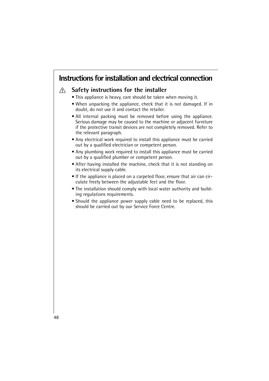 Electrolux 12830 manual Instructions for installation and electrical connection, Safety instructions for the installer 